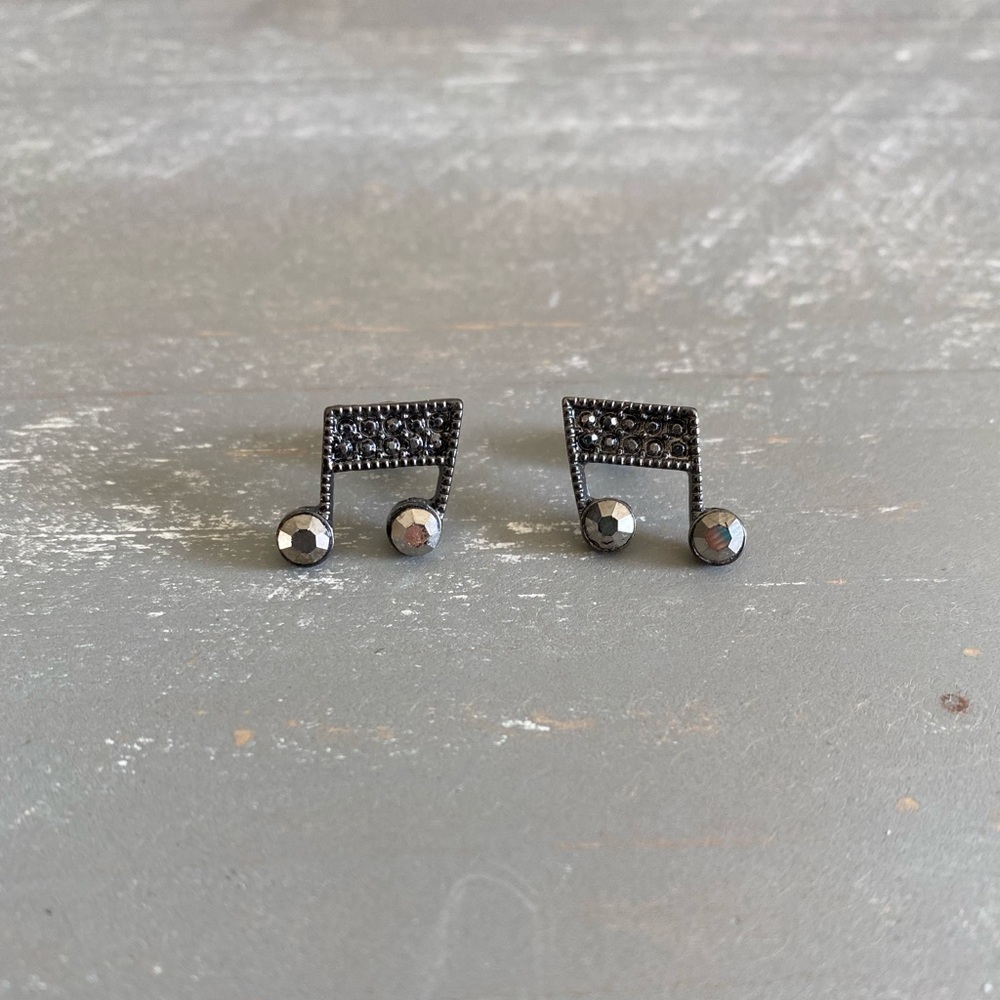 Music Note Black Silver Black Rhinestone Earrings Studs